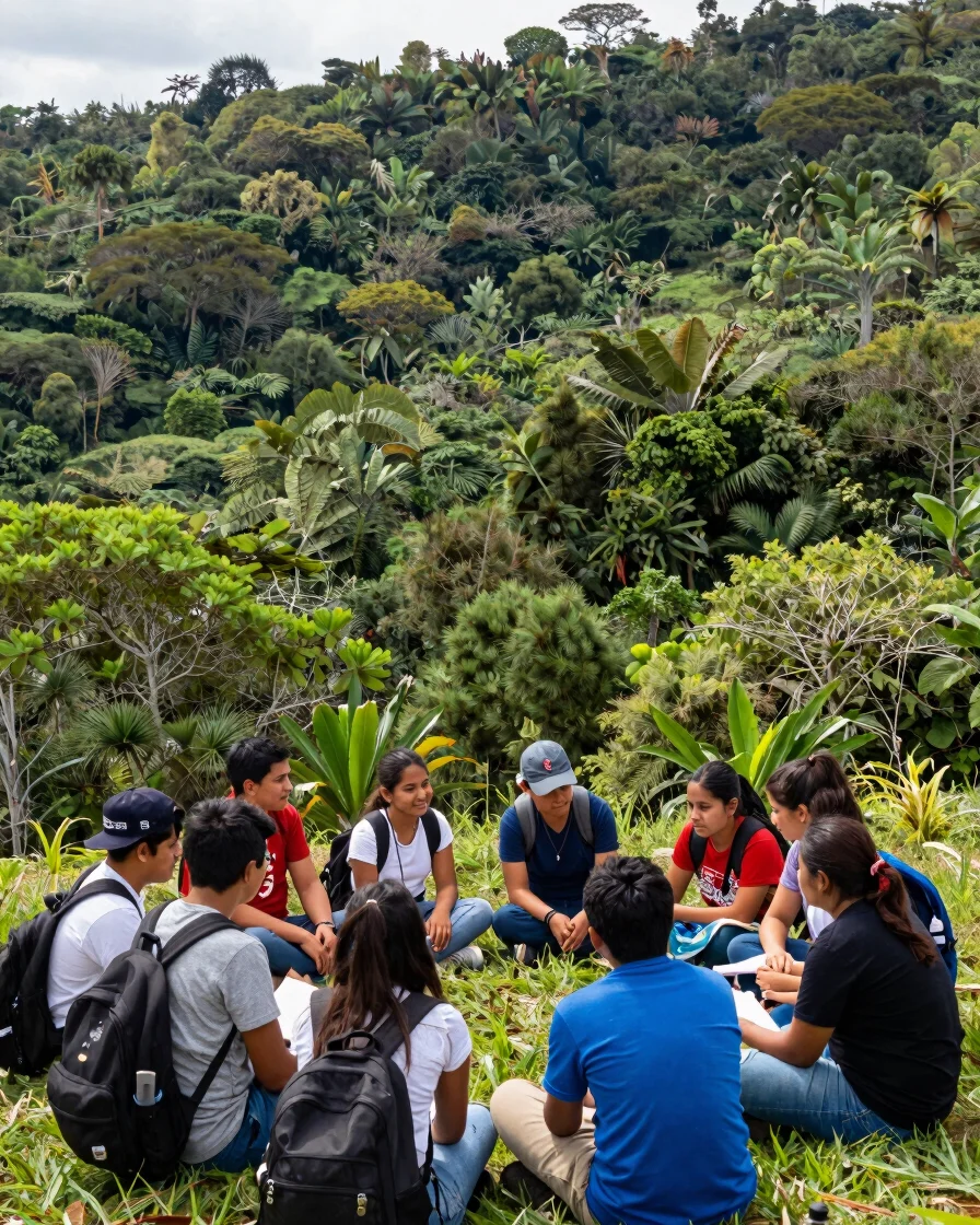 Estudiantes interactuando con un guía en una reserva natural, mostrando supervisión y aprendizaje activo, luz natural di